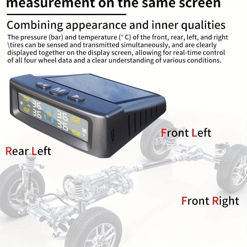 Solar-Powered Tire Pressure Monitor with 4-Wheel Sensor