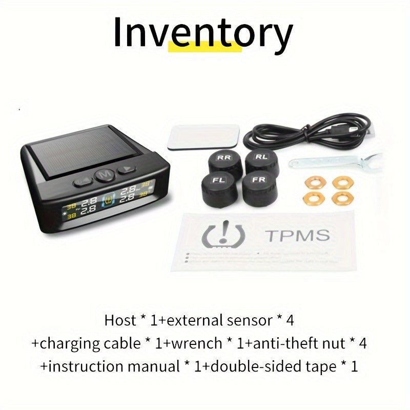 Solar-Powered Tire Pressure Monitor with 4-Wheel Sensor