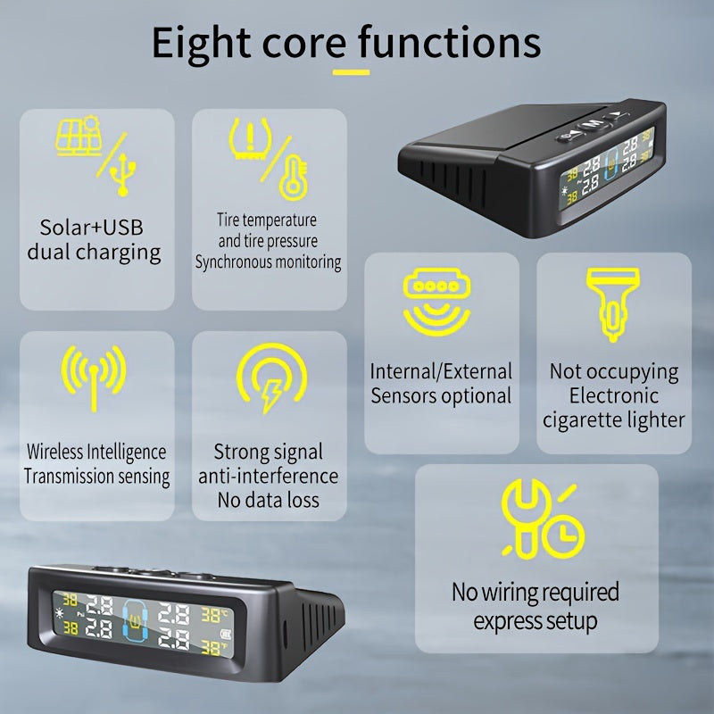 Solar-Powered Tire Pressure Monitor with 4-Wheel Sensor